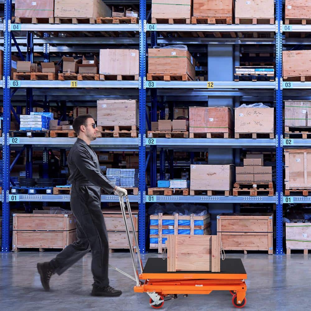 VEVOR Hydraulic Lift Table Cart 330 lbs. Capacity 50 in. Lifting Height Manual Double Scissor Lift Table with 4 Wheels, Orange (2)