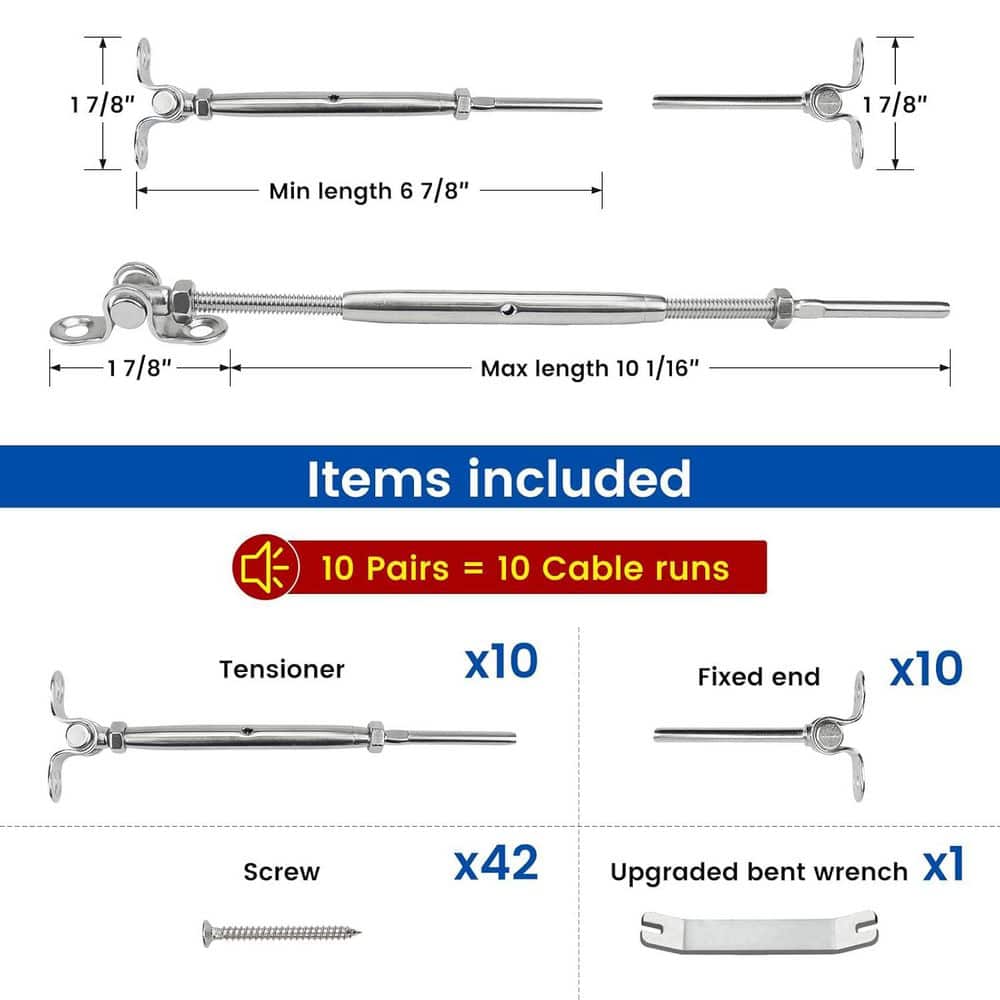 Afoxsos Cable Railing Hardware Kit Swage Toggle Turnbuckle for Wood Post T316 Stainless Steel Deck Cable Railing System, 20-Pack (2)