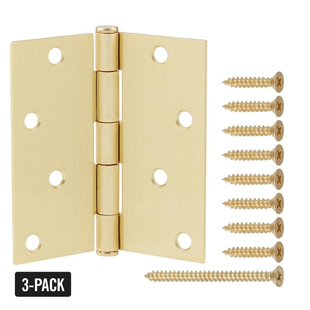 Everbilt 3-Pack 4 in. Square Radius Satin Brass Squeak-Free Butt Door Hinge