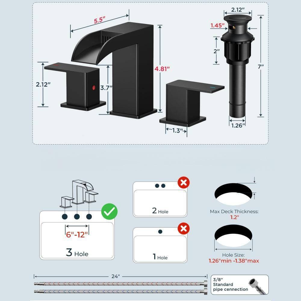Numhew 8 in. Square Waterfall Bathroom Faucets 3 Hole with Metal Drain, Supply Lines and Handles, Widespread, Matte Black (2)