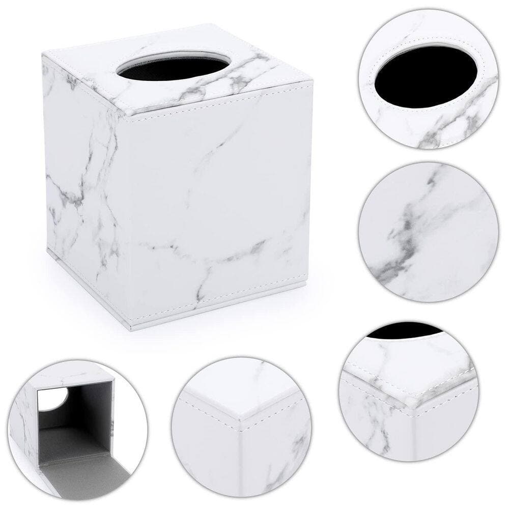 Numhew Square Leather Tissue Box Cover with Magnetic Bottom in Marple White, Decorative PU Tissue Box for Vanity, Office, Car (3)