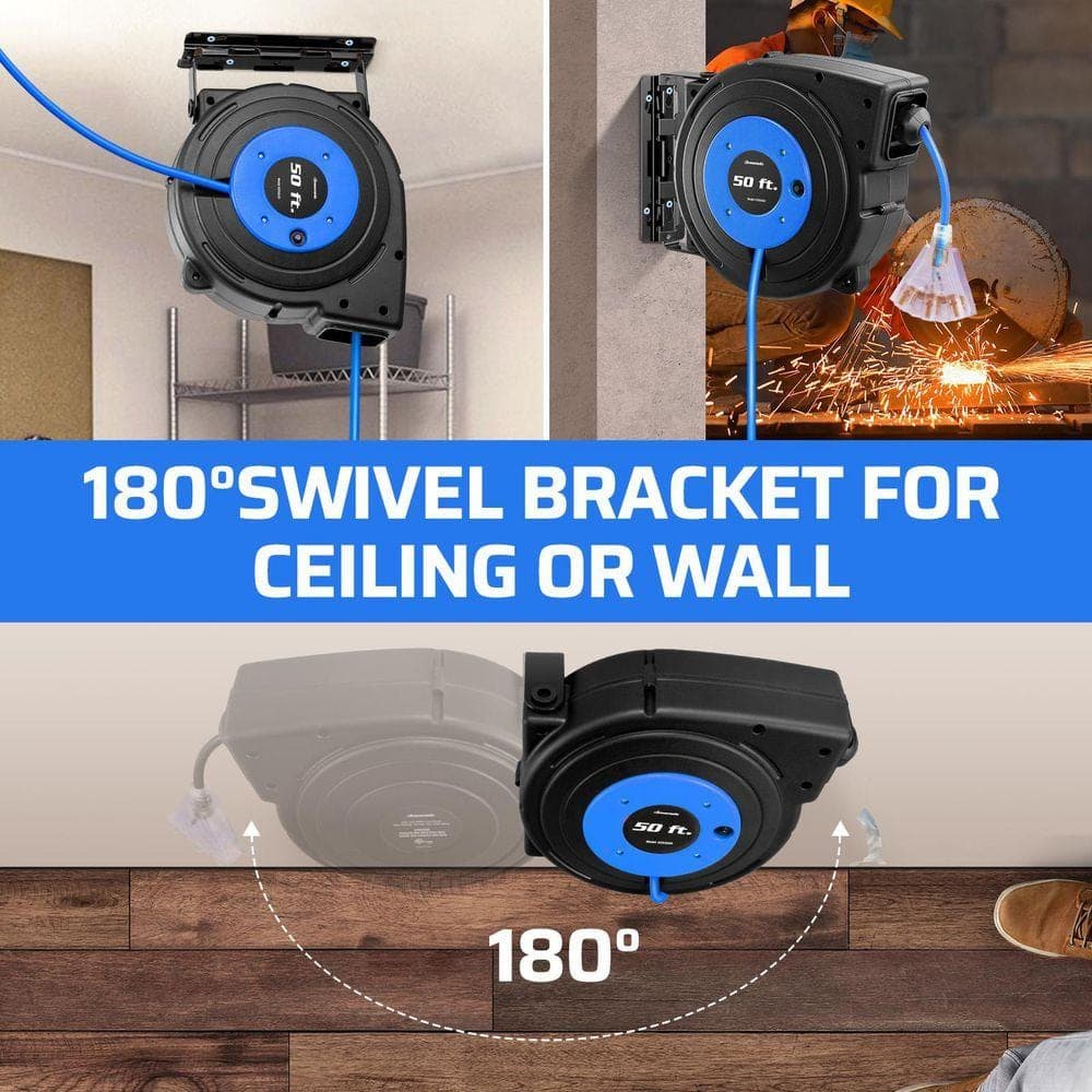 DEWENWILS 50 ft. 14/3 SJTW 13 Amp Retractable Extension Cord Reel with 3-Lighted Triple Outlets, Blue (2)