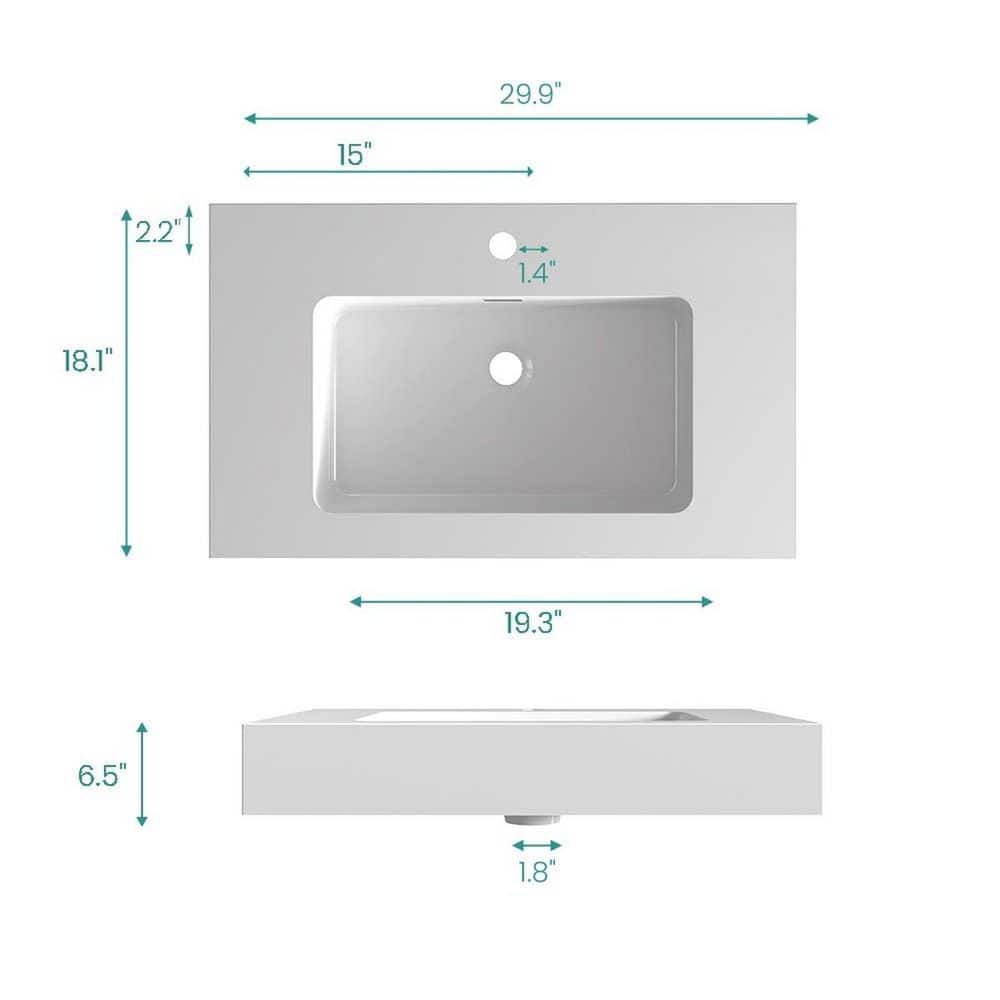 LIVACA 30 in. 18 in. Drop-In Bathroom Sink in Glossy White Solid Surface with Integrated Basin and Overflow (3)