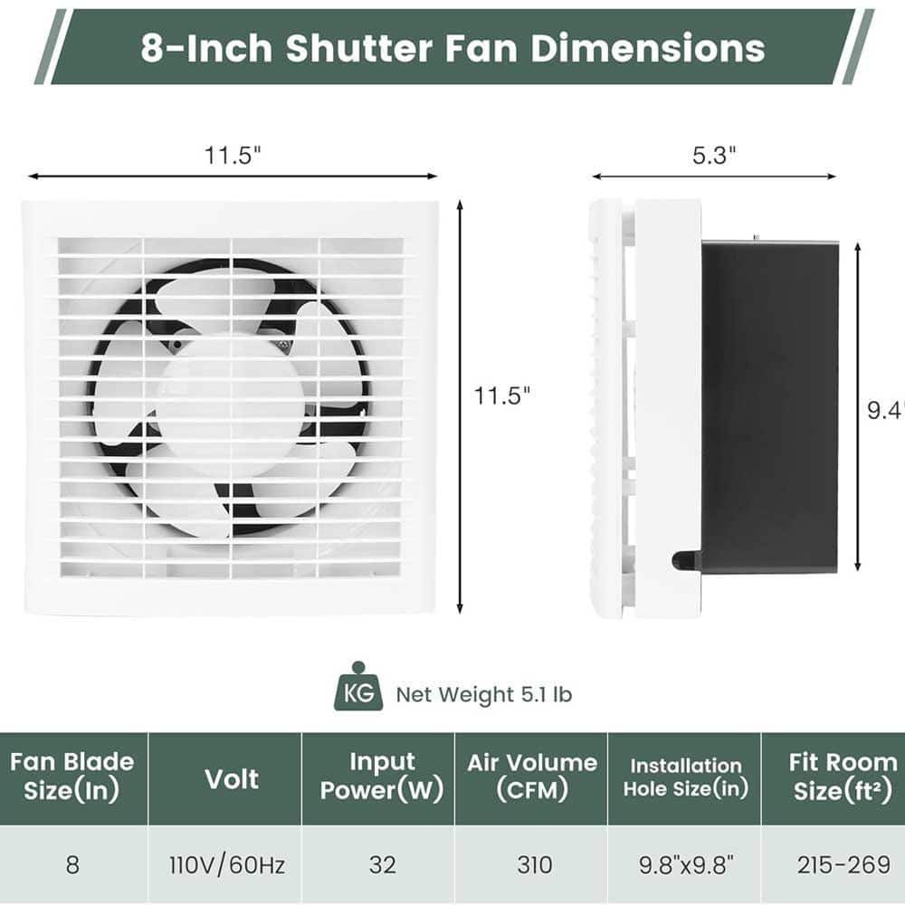 KIWDZFU 310CFM Plastic Electric Powered 8 in. Shutter Exhaust Fan, Window/Wall Mount Ventilation Fan for Greenhouse, Attic (3)