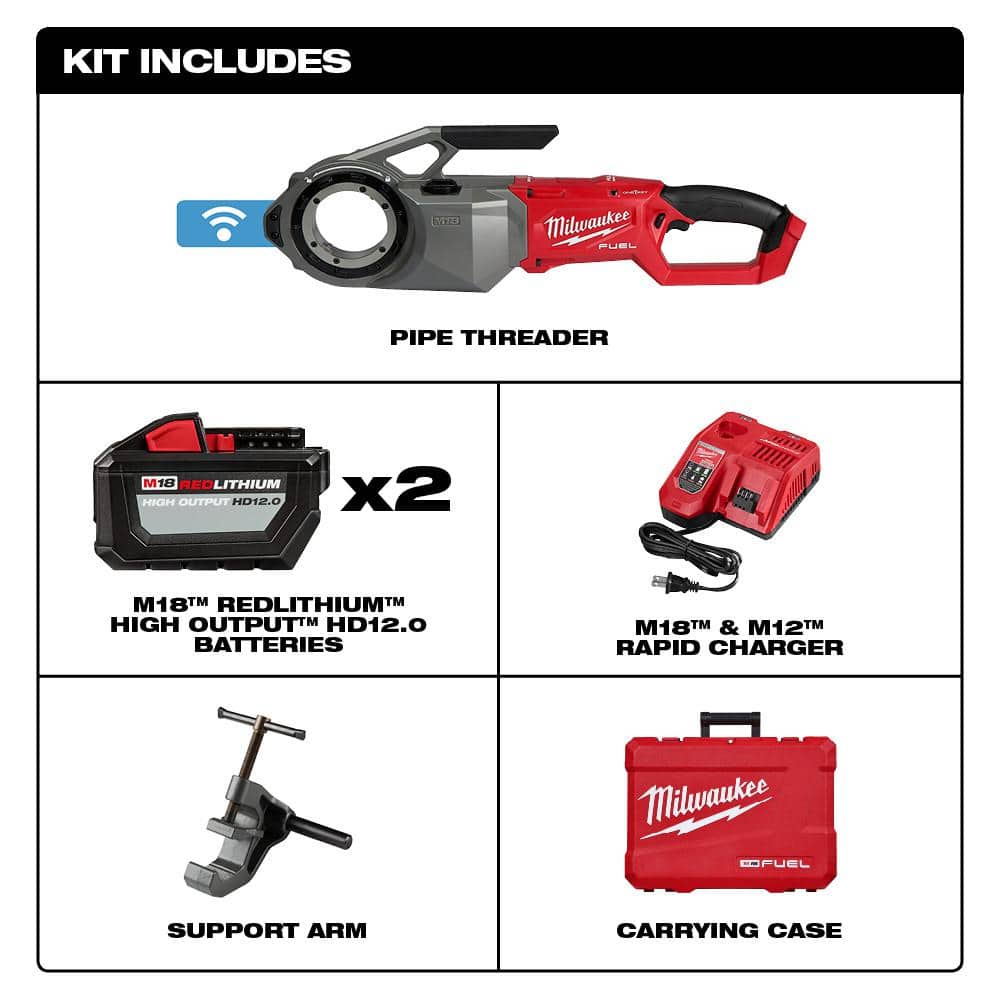 Milwaukee M18 Fuel One-Key Cordless Brushless Pipe Threader Kit w/(2) 12.0Ah Batteries & 3/4 in. Alloy NPT Aluminum Die Head (2)