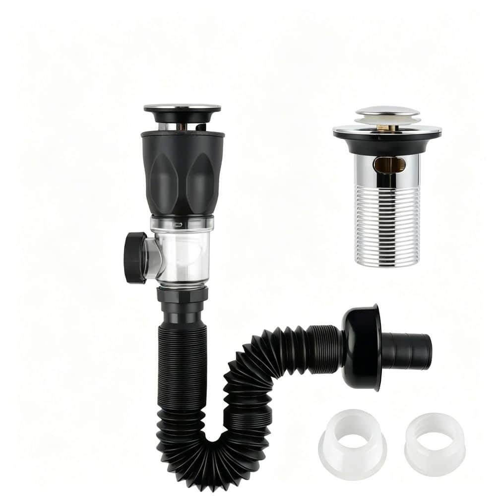 Wudkey 1-Piece Bathroom Sink Drain Kit in Black, Flexible P-Trap Drain Pipe with Pop Up Stopper, Included Mounting Hardware (1)