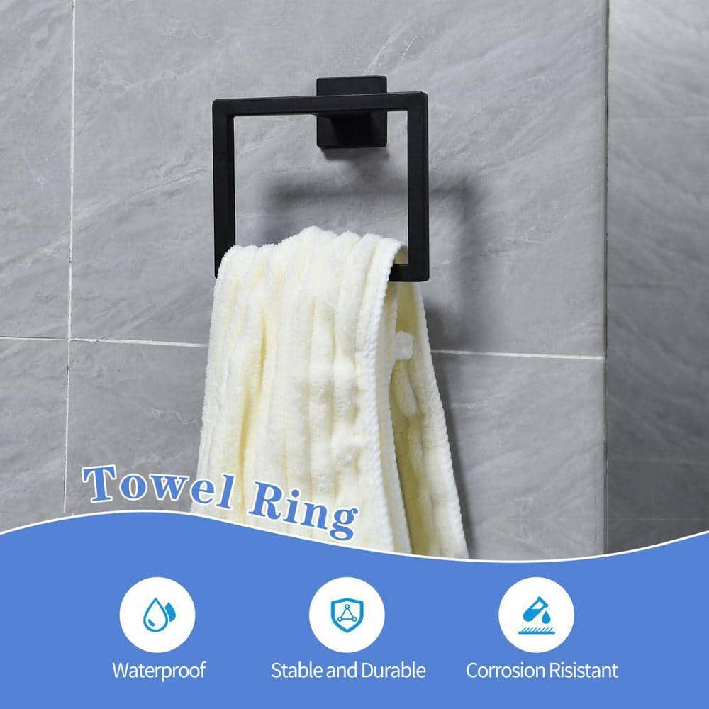 Lynzavix 5-Piece Bathroom Hardware Set with 16 in. Square Towel Bar, Towel Ring, Toilet Paper Holder, Hooks in Matte Black Finish (3)