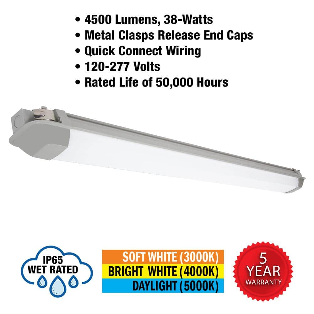 Commercial Electric 1-Pack 4 ft. Vapor Tight 4500 Lumens LED Wraparound Light Fixture 38W 120-277V Adjustable CCT Wet Rated Harsh Conditions (3)