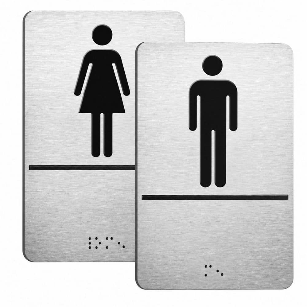 LAIFUCAM 2-Piece 9x6 in Brushed Aluminum ADA Braille Restroom Door Sign Self-Adhesive Men Women Bathroom Sign Silver (1)