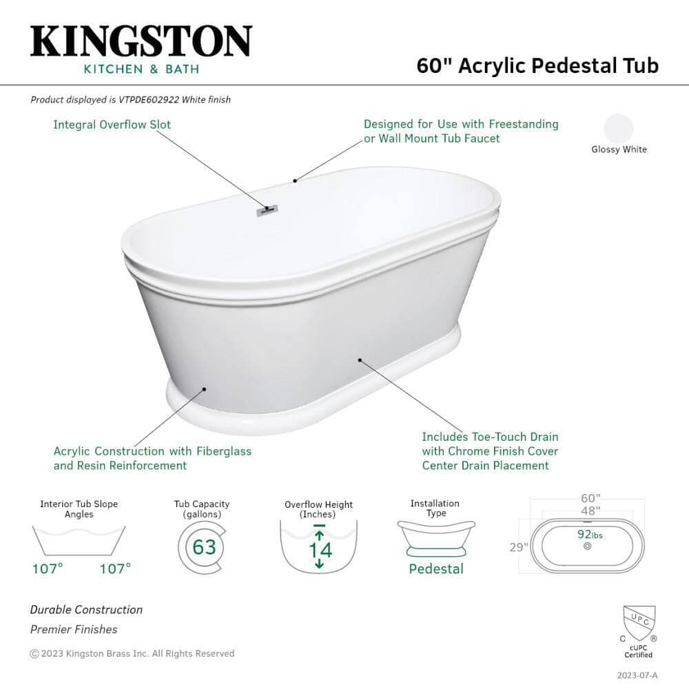 Kingston Brass Aqua Eden 59.9 in. x 28.6 in. Acrylic Oval Flatbottom Freestanding Soaking Bathtub with Drain in Glossy White (3)