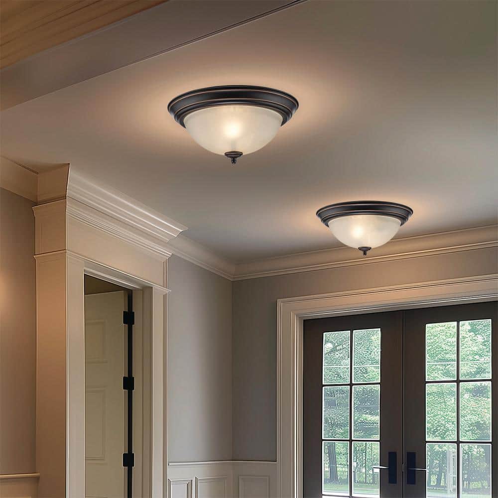 PRIVATE BRAND UNBRANDED 12.75 in 2-Light Oil Rubbed Bronze Flush Mount Ceiling Light Fixture with Tea Stained Glass Shade (2-Pack)