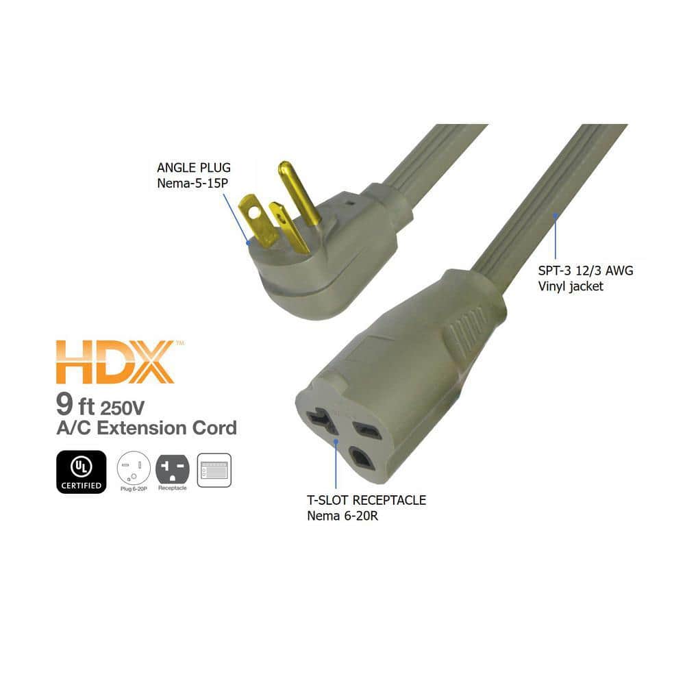 HDX 9 ft. 12/3 20 Amp 250-Volt Air Conditioner Extension Cord, Grey (4)