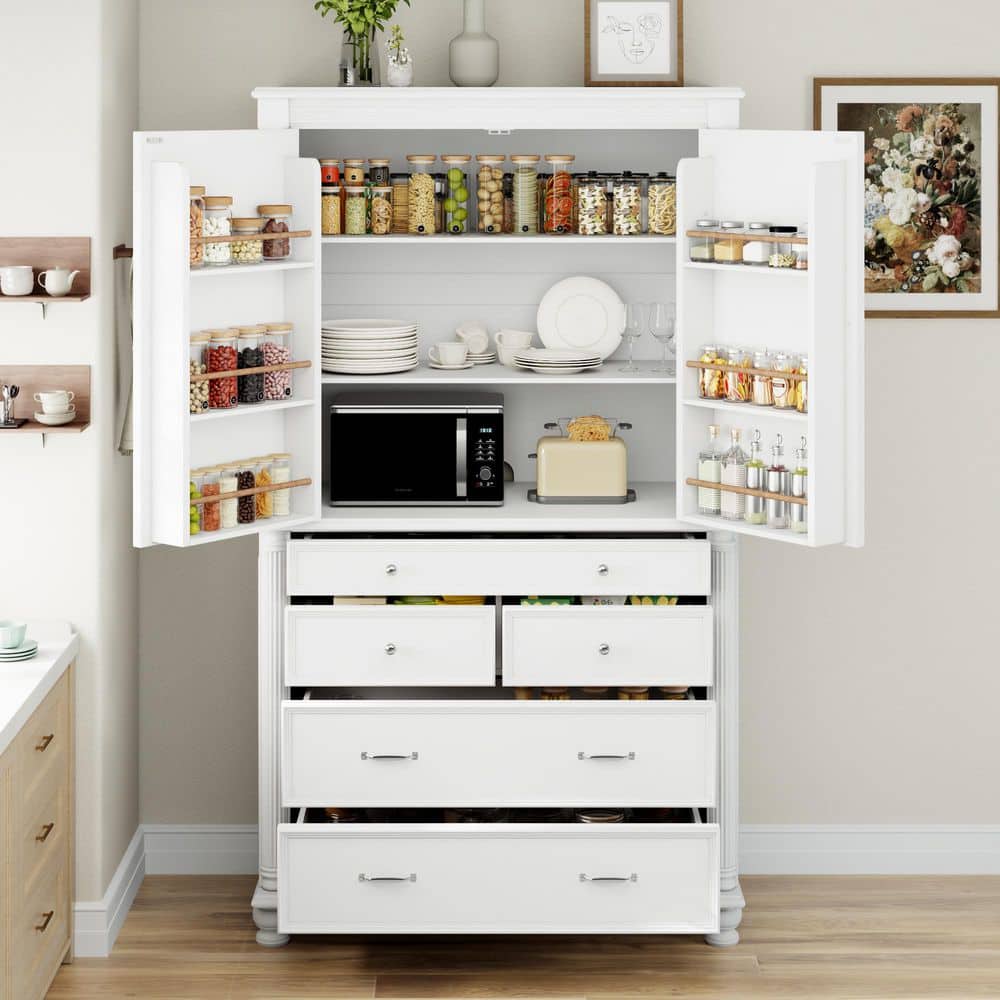 COWLOWN 43.3 in. W x 20 in. D x 77.3 in. H White Linen Cabinet with 6-Door Shelves, 2-Adjustable Shelves and 5-Drawers (1)