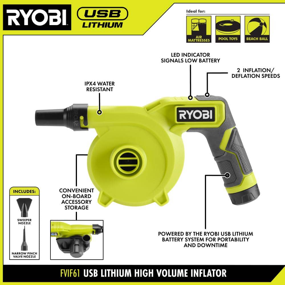 RYOBI USB Lithium Cordless High Volume Inflator Kit with USB Lithium 2.0 Ah Battery, Charging Cable, & 3.0 Ah Battery (2-Pack) (3)