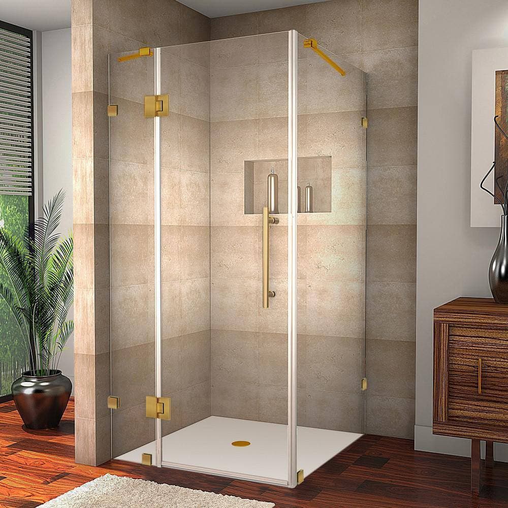 Aston Avalux 35 in. W x 32 in. x 72 in. H Rect Pivot Frameless Corner Shower Enclosure in Brushed Gold with Clear Glass (2)