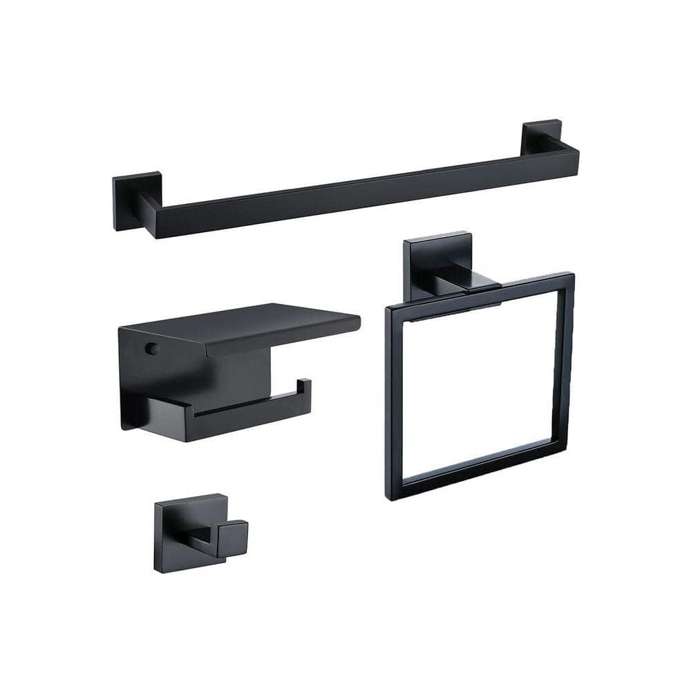 Unbranded 4-Piece Bathroom Hardware Kit with Towel Bar Holder Toilet Paper Rack Robe Hook and Towel Ring in Matte Black