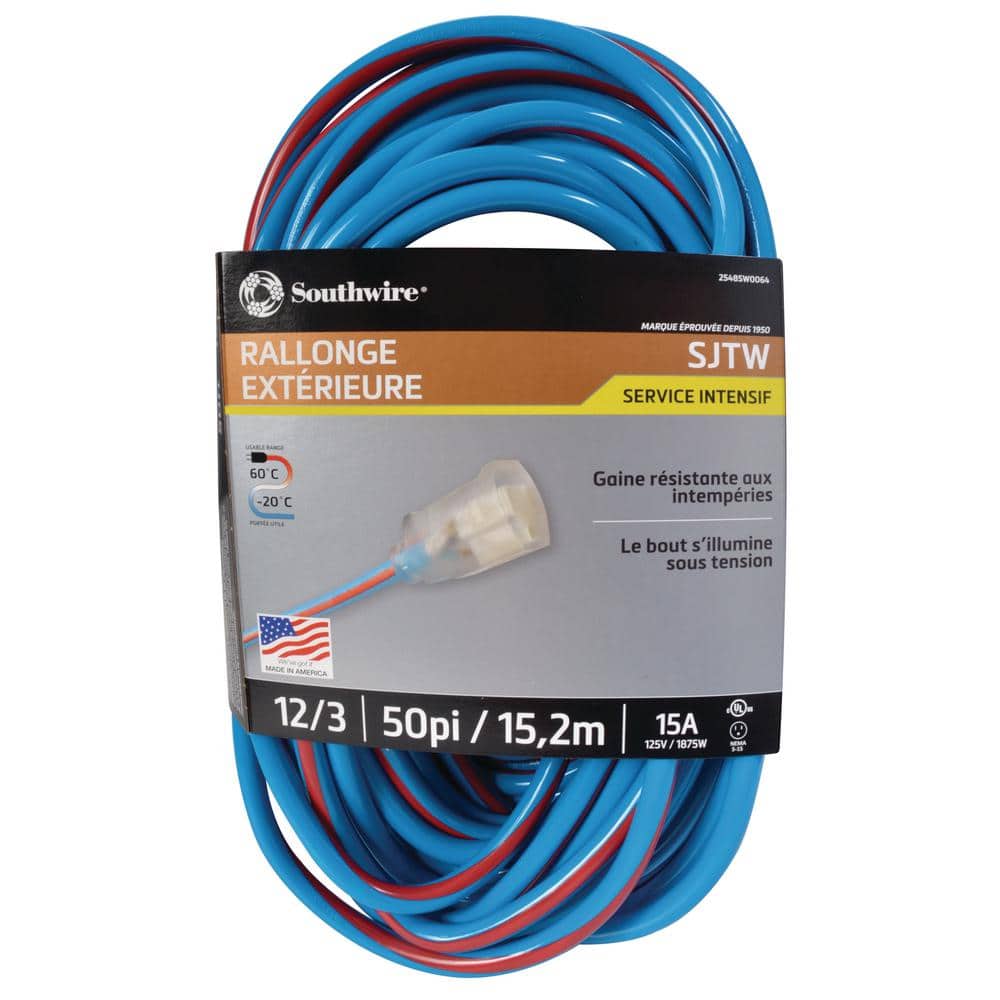 Southwire 50 ft. 12/3 SJTW Hi-Visbility Multi-Color Outdoor Heavy-Duty Extension Cord with Power Light Plug (1)