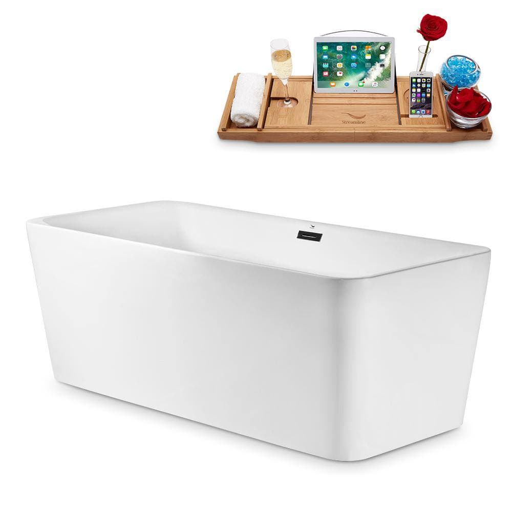 Streamline Acrylic Flatbottom Non-Whirlpool Bathtub Glossy White with Matte Black Drain and Overflow Cover (2)