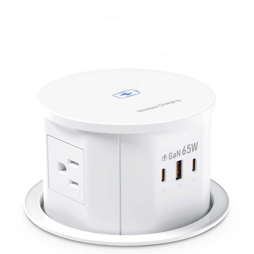 OBJLGEV Pop Up Countertop Outlet 4-Outlet 1 USB-A Port 2 USB-C Ports Surge Protector with 15-Watt Wireless Charger White (1)