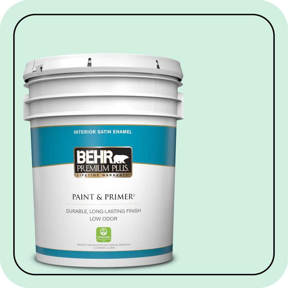 BEHR PREMIUM PLUS 5 gal. #P420-1 Spring Frost Satin Enamel Low Odor Interior Paint & Primer