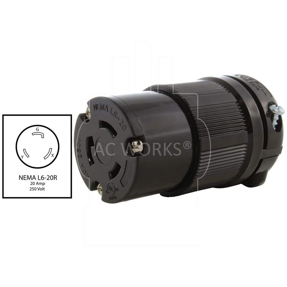 AC WORKS NEMA L6-20R 20A 250V 3-Prong Locking Female Connector in Black with UL, C-UL Approval (2)