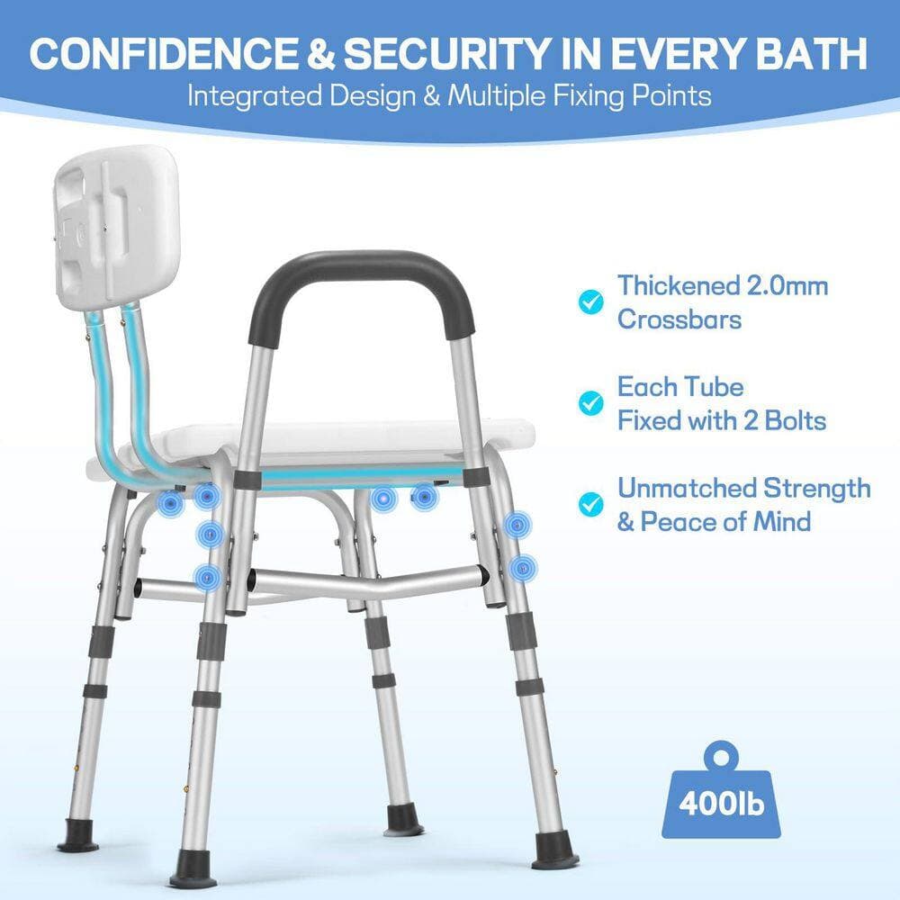 Wudkey Aluminum Tub Transfer Bench in Off White with Backrest and Armrest, Shower Chair, Shower Seat with Height Adjustable (3)