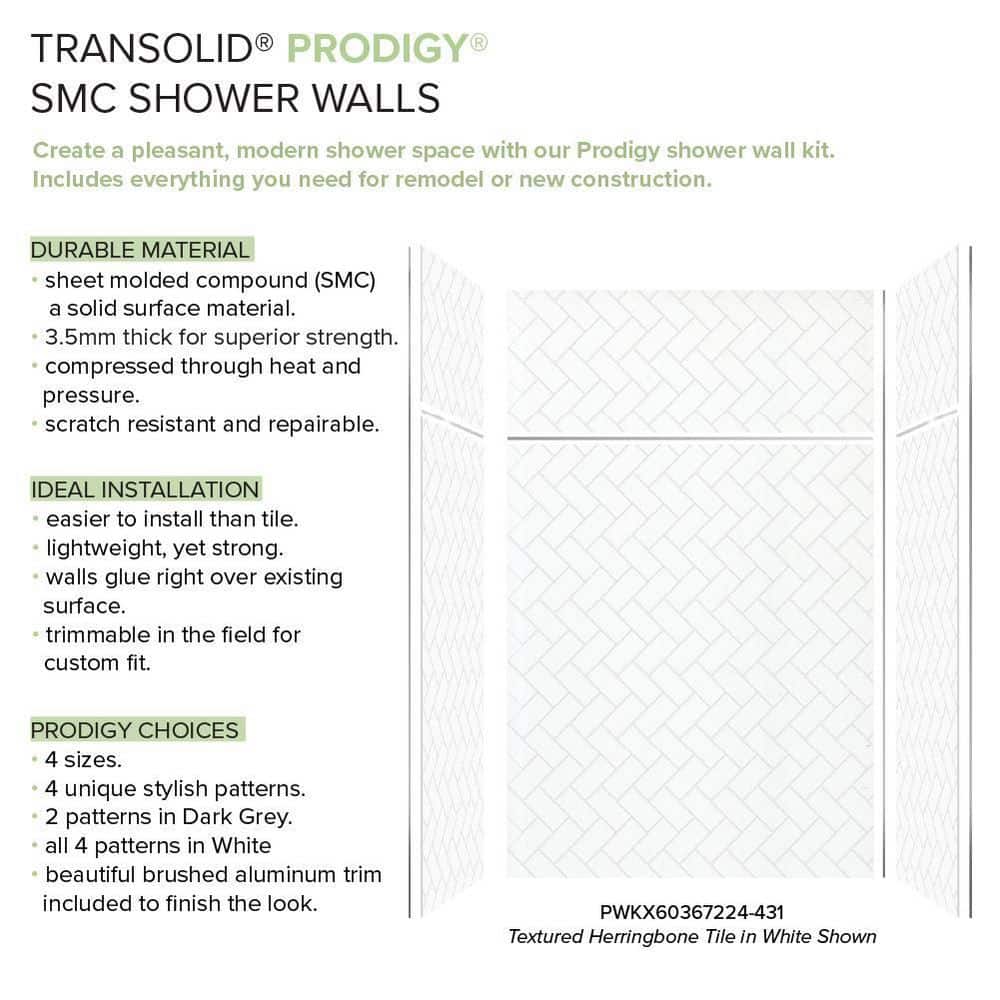 Transolid Prodigy 60 in. W x 96 in. H x 36 in. D 6-Piece Glue-Up Alcove Shower Surround in White Herringbone Tile (2)