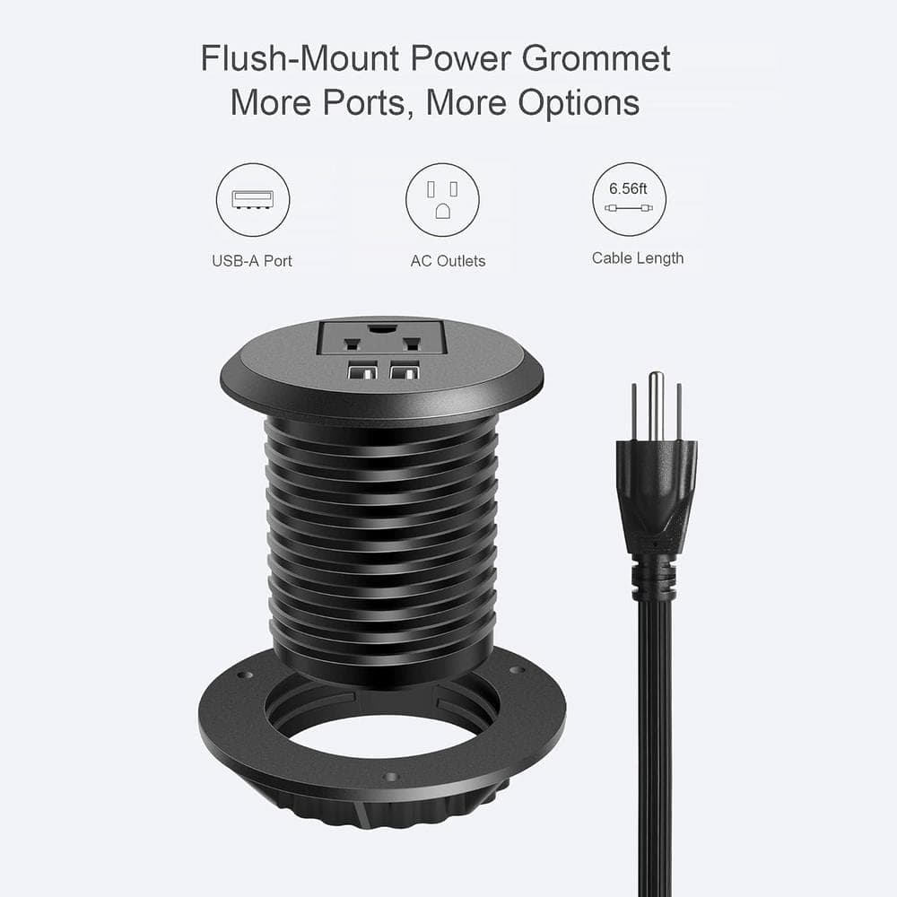 Ahfiwaso 1-Outlet AC Desktop Power Grommet with 2-USB Ports and 6.56 ft. Cable Fire Resistant in Black (2)