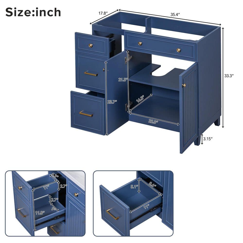 Unbranded 36 in. Freestanding Rectangular Bath Vanity Cabinet without Top in Blue with Soild Wood Frame, Drawers &-Doors (2)