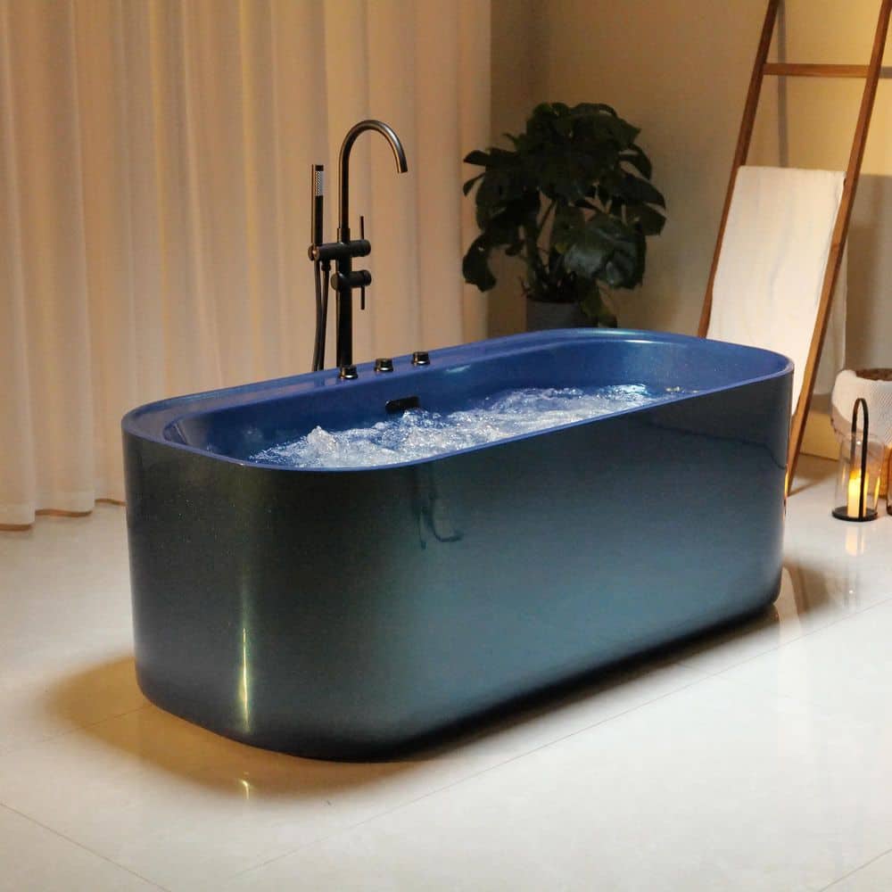 Empava 67 in. x 31.5 in. Center Drain Combination 16 Water and 12 Air Bubble Jets Bathtub Freestanding Whirlpool Bath in Blue (2)