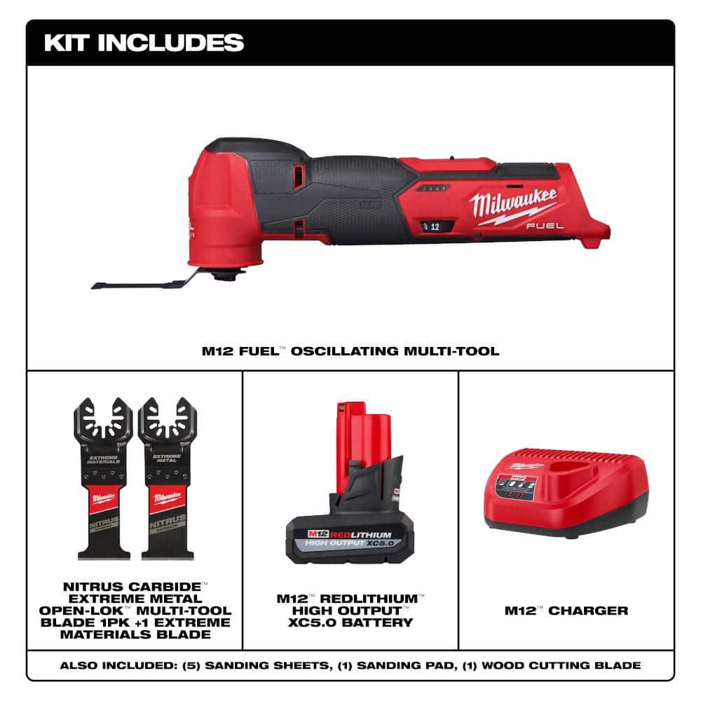Milwaukee M12 FUEL 12V Oscillating Multi-Tool w/5.0Ah Battery 2-Pk Starter Kit & Nitrus Carbide Blade (2-Pk) (2)