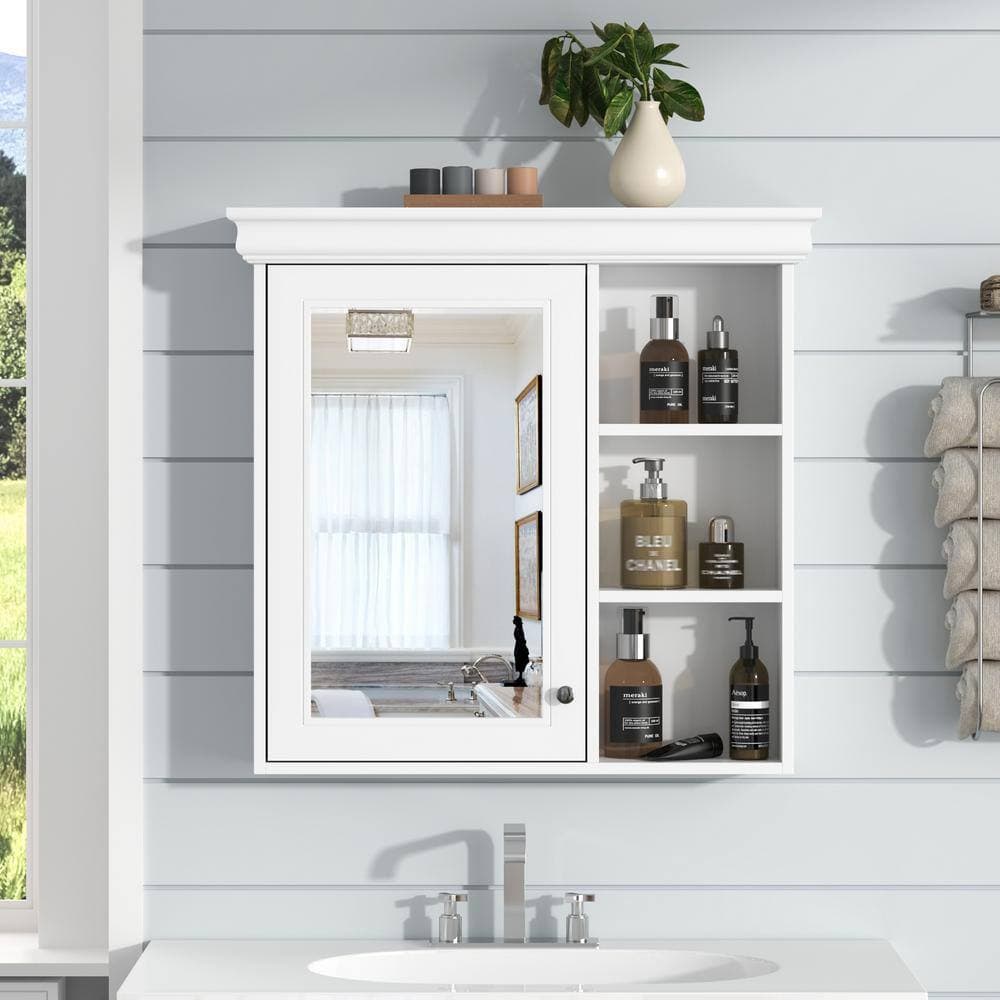 COWLOWN 30.7 in. W x 7.16 in. D x 28.74 in. H Bathroom Storage Wall Cabinet, Medicine Cabinet in White with Open Shelves (3)