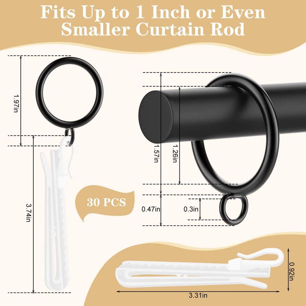 KHKFY 1.25 in. Black Metal Curtain Rings with Fabric-Friendly Plastic Hooks 30-Pack for Drapes Shower (2)