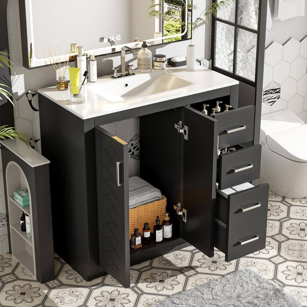 Flynama 36" Freestanding Ceramic Vanity Sink Combo, 3 Drawers & Soft-Close Wood Frame Doors (2)