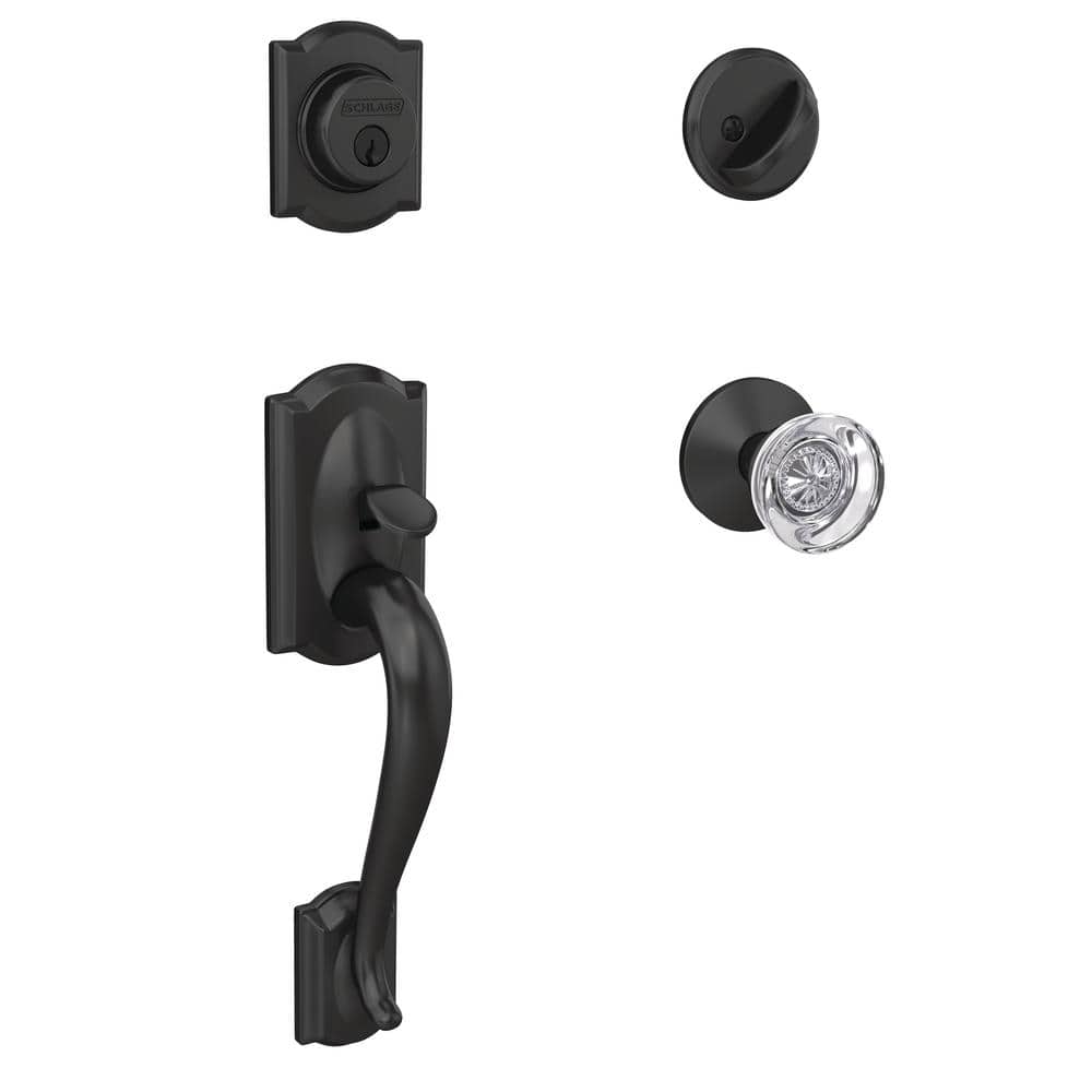 Schlage Custom Camelot Matte Black Single Cylinder Door Handleset with Hobson Glass Door Knob and Kinsler Trim