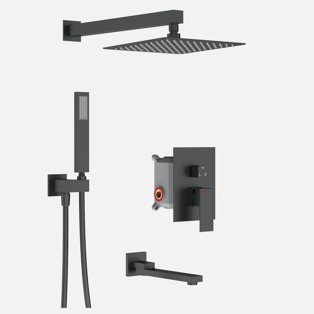 MYCASS Squa Single-Handle Spray Rain Shower Square High Pressure Shower Faucet with Tub Spout in Matte Black (Valve Included)
