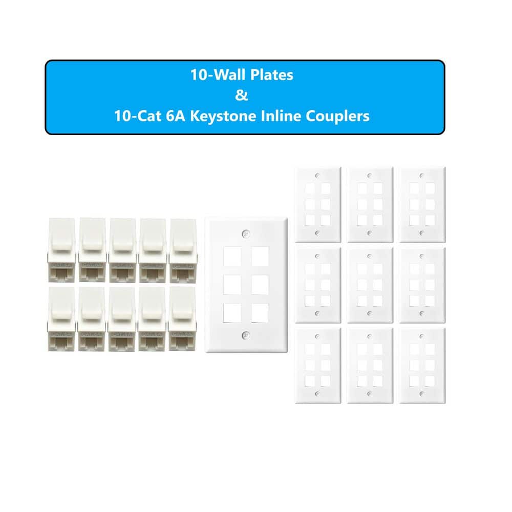 Micro Connectors, Inc 10-Pack 1-Gang White Keystone Plastic Wall Plate 6-Port & 10 Cat 6A RJ45 Keystone Inline Couplers White (2)