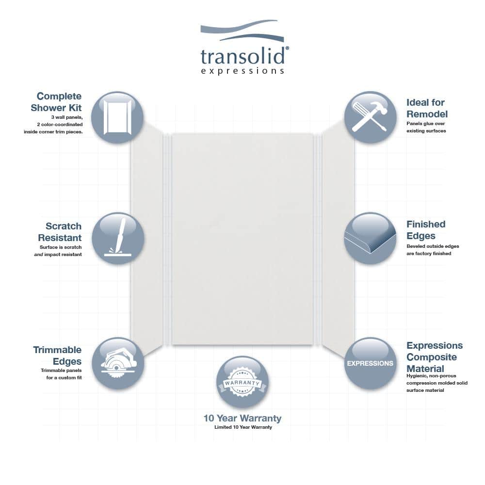 Transolid Expressions 36 in. x 48 in. x 72 in. 3-Piece Easy Up Adhesive Alcove Shower Wall Surround in Grey (3)