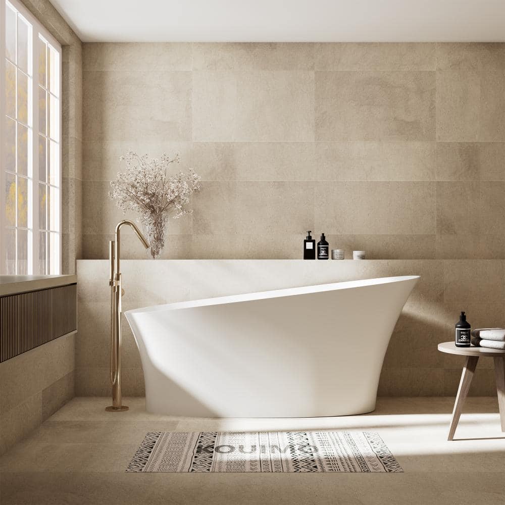 KOUIMO 67 in. Solid Surface Freestanding Soaking Bathtub, Flat Bottom, Matte White (3)
