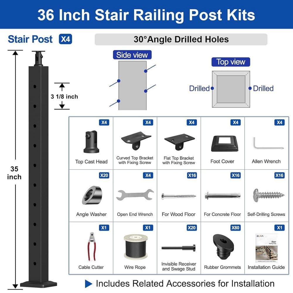 KIWDZFU 35 in. H x 2 in. W Black Stainless Steel Stair Railing Post Kit, 25-35° Angle, No Handrail, Stair Railing Kit (4-Pack) (2)