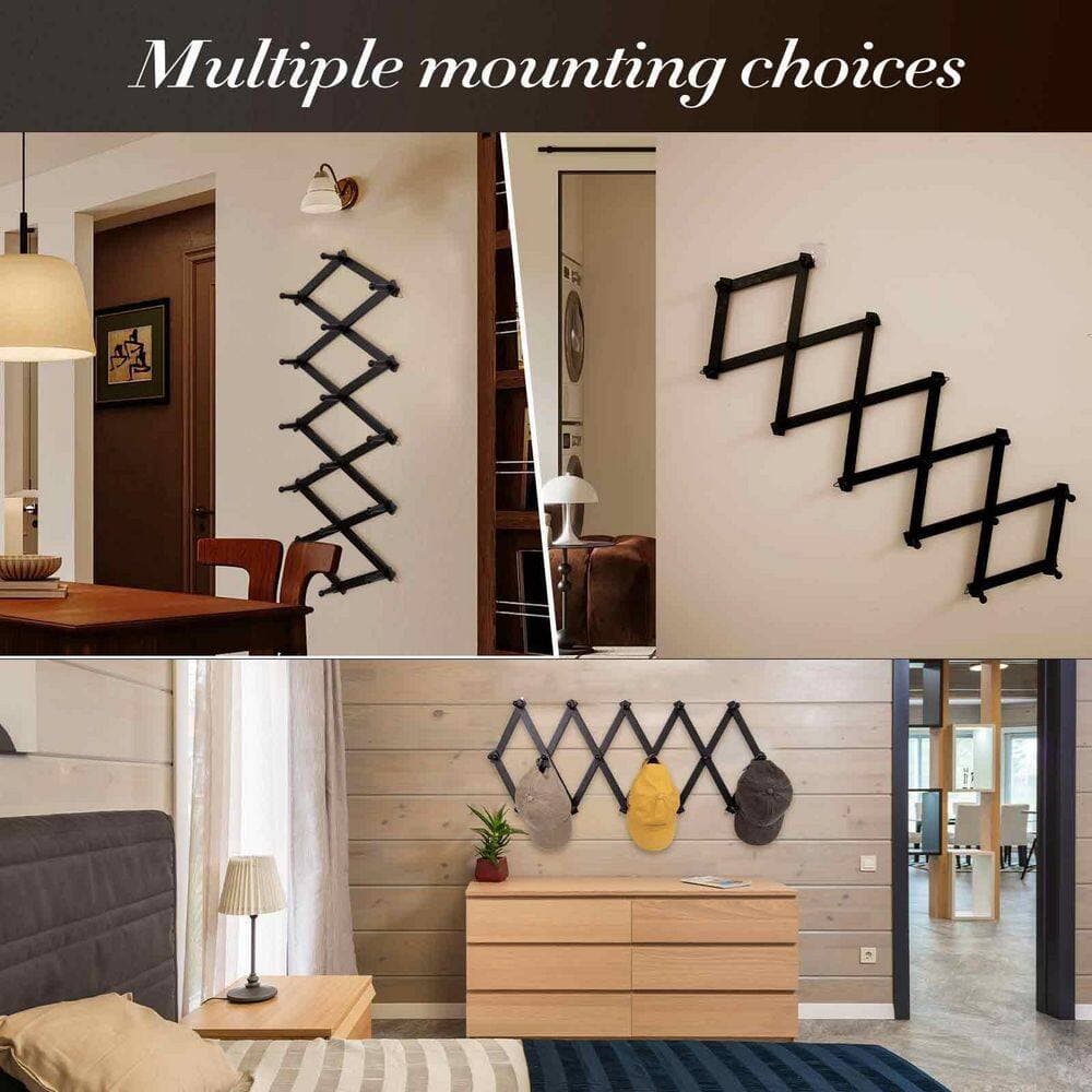 Wudkey 16 in. 16 Knob Hook Robe/Towel Hook in Black, Expandable Wall Hat Holder, Wooden Wall Hook for Caps, Bag, Wall Mount (3)