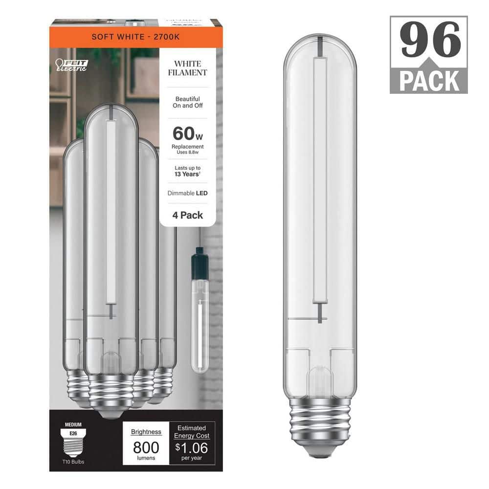 Feit Electric 60-Watt Equivalent T10L Dimmable Straight White Filament Clear E26 Vintage LED Light Bulb, Soft White 2700K (96-Pack)