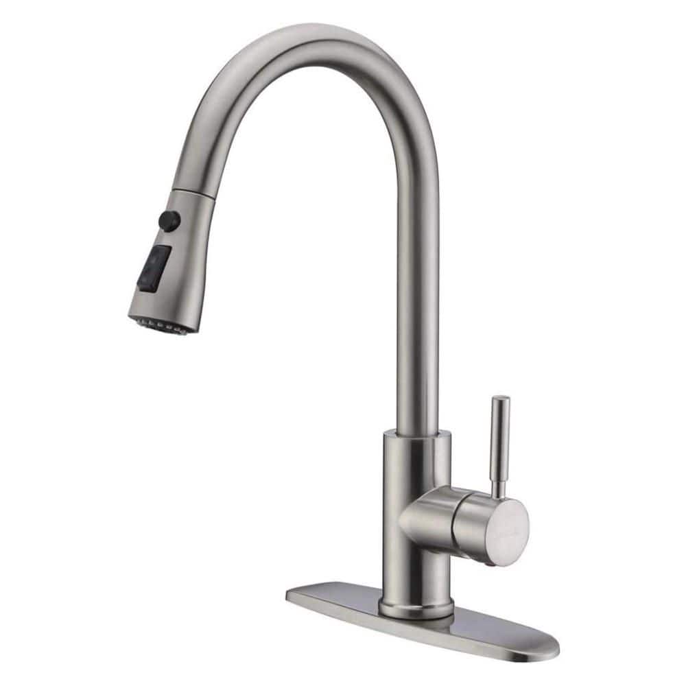 Numhew 1-Piece Pull Down Faucet with Deck Plate Mount Parts, Brushed Nickel Stainless Steel Single Handle 360 Swivel Faucet (1)