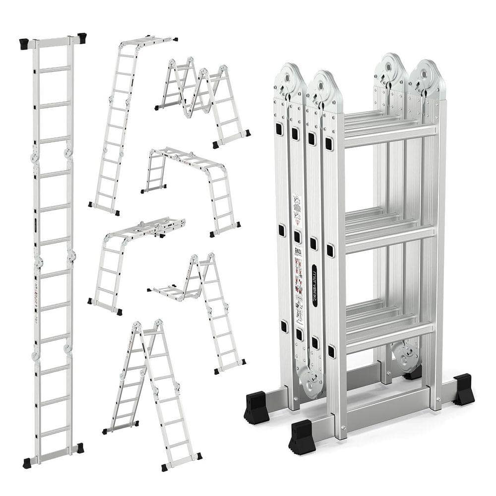 KIWDZFU 12.5 ft. Aluminum Multi-Purpose Folding Ladder 7-in-1 Heavy Duty Combination EN131 330 lbs. 3 Section Extension Ladder