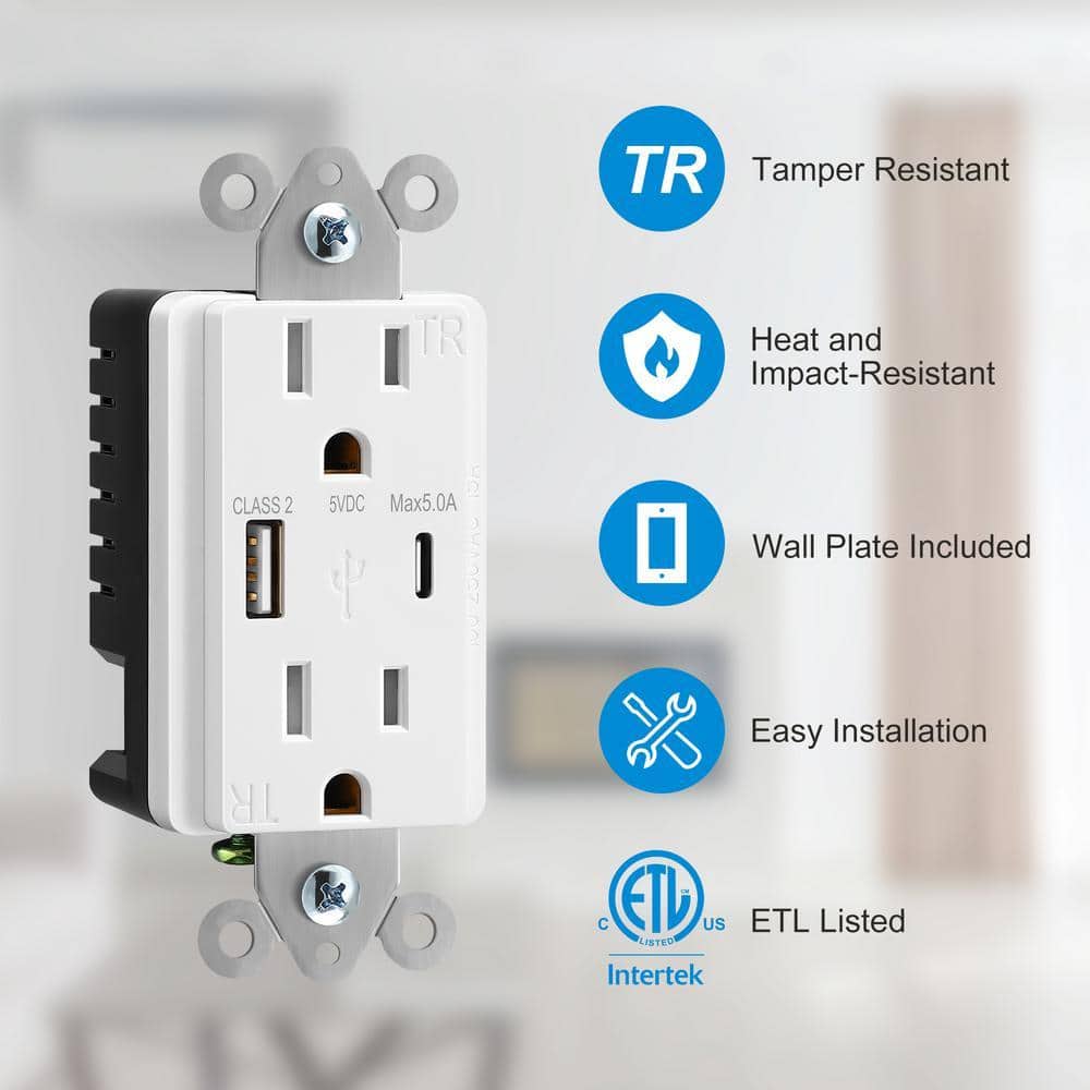 DEWENWILS White 15 Amp Tamper Resistant Receptacle Outlet with USB-A, USB-C Charger (2-Pack) (2)