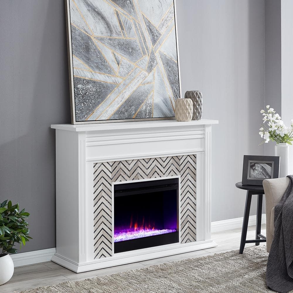 Southern Enterprises Merrin Tiled Marble Color Changing 50 in. Electric Fireplace in White and Gray (2)