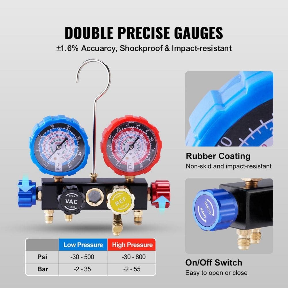 SKYSHALO AC Manifold Gauge Set for R134A, R22, R12, R410A, 4-Way, 5 ft. Hoses, Couplers Can Tap for Freon Charging and Evacuation (2)
