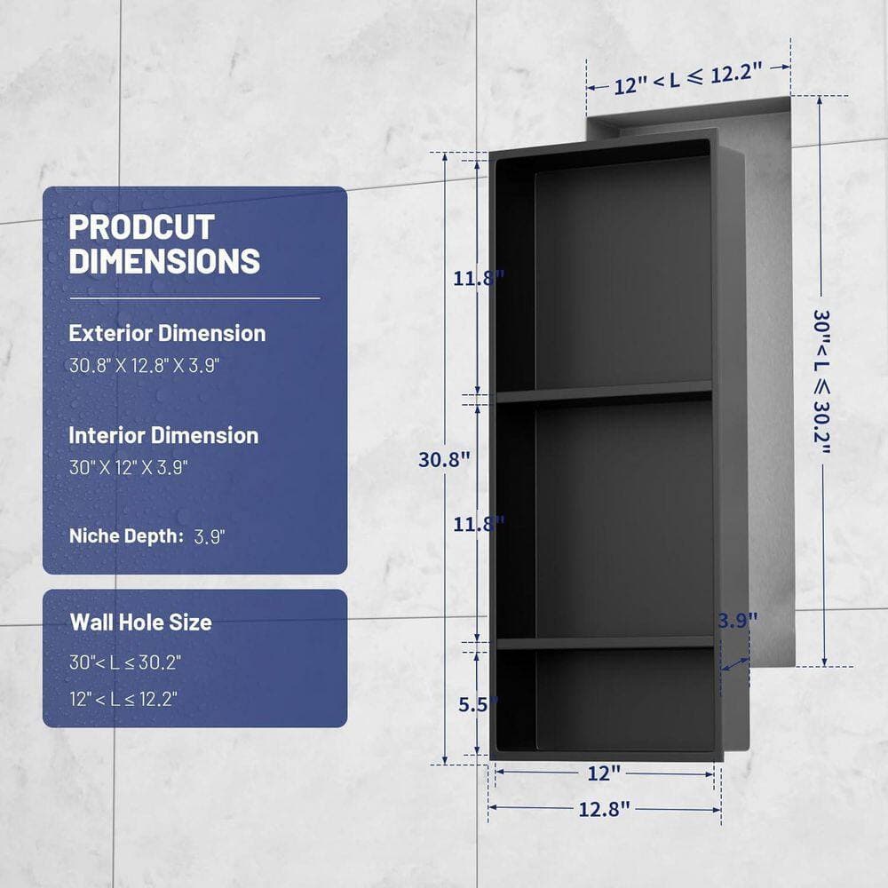 HOMEMYSTIQUE 13 in. W x 31 in. H x 4 in. D Stainless Steel Shower Niche in Matte Black (3)