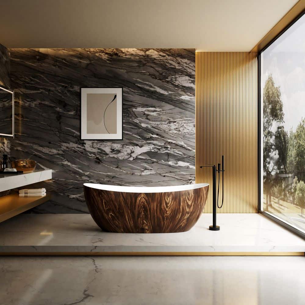 CASAINC 66.81 in. x 29.47 in. Flat Bottom Freestanding Solid Surface Soaking Bathtub with Center Drain in Wooden Brown (2)