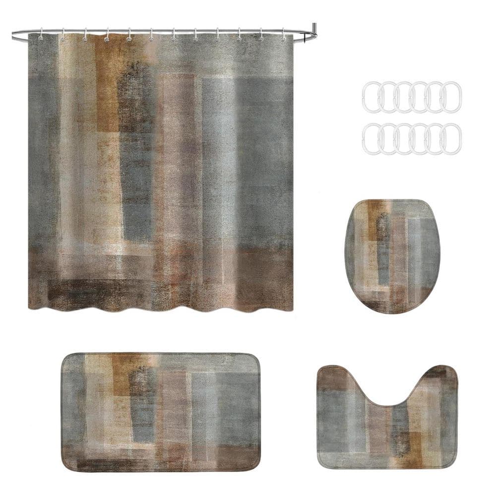 Wudkey 4-Piece 72 in. W x 72 in. L Shower Curtain Set with Rugs, Toilet Lid Cover and Bath Mat for Bathroom Decor in Brown Gray (1)